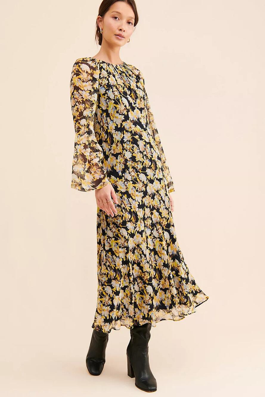 Joie Tapia 100% Silk Black Yellow Floral Boho Cottage Midi Dress Small